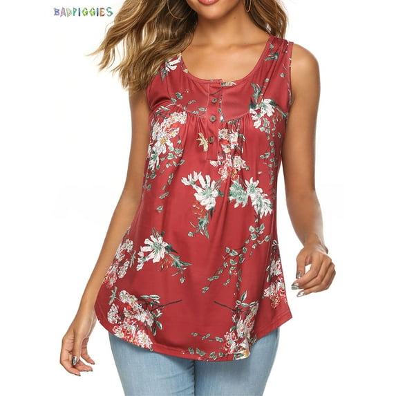 BadPiggies Women's Floral Tank Tops Summer Sleeveless Buttons Up Neck Casual T Shirts Basic Flowy Blouse (M, Red)