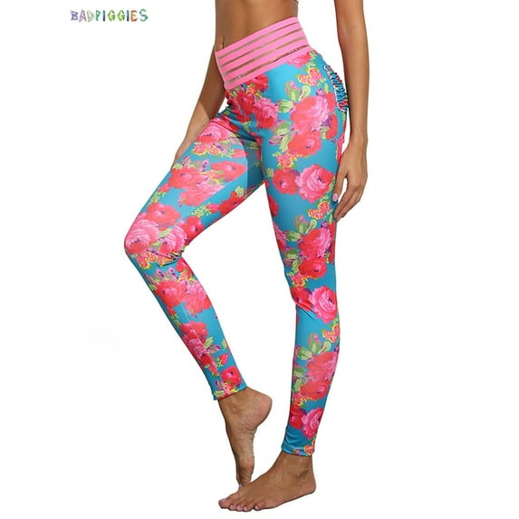 BadPiggies Women's High Waist Leggings Push Up Butt Sportswear Floral Print Gym Workout Yoga Pants (Size L)