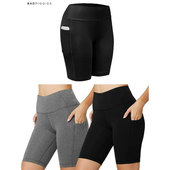 BadPiggies Women's High Waist Workout Yoga Shorts Running Compression Pants With Side Pockets Tummy Control (L, Black)