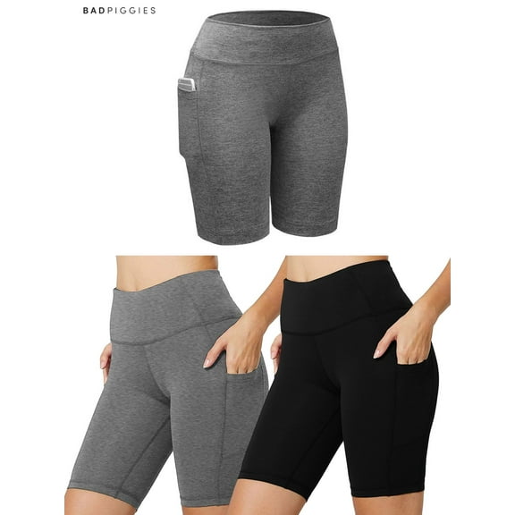 BadPiggies Women's High Waist Workout Yoga Shorts Running Compression Pants With Side Pockets Tummy Control (M, Gray)