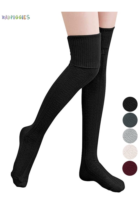BadPiggies Women's Knit Thigh High Cotton Socks Over the Knee High Boot Stockings Leg Warmers (Black)