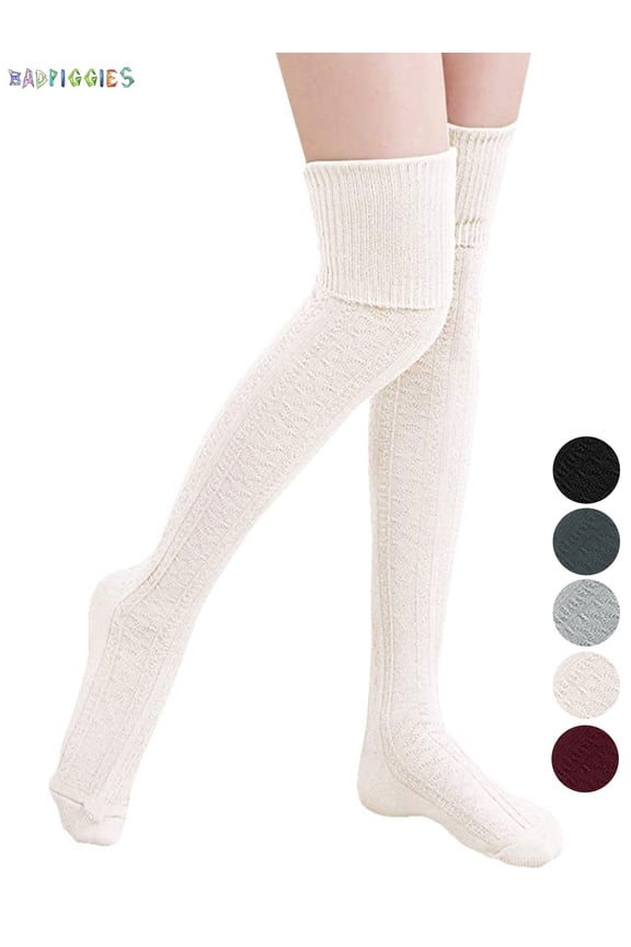 BadPiggies Women's Knit Thigh High Cotton Socks Over the Knee High Boot Stockings Leg Warmers (Cream)