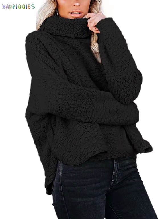 BadPiggies Women's Lapel Fuzzy Fleece Sweatshirt Casual Loose Pullover Cozy Fluffy Warm Turtleneck Jacket Coat (S, Black)