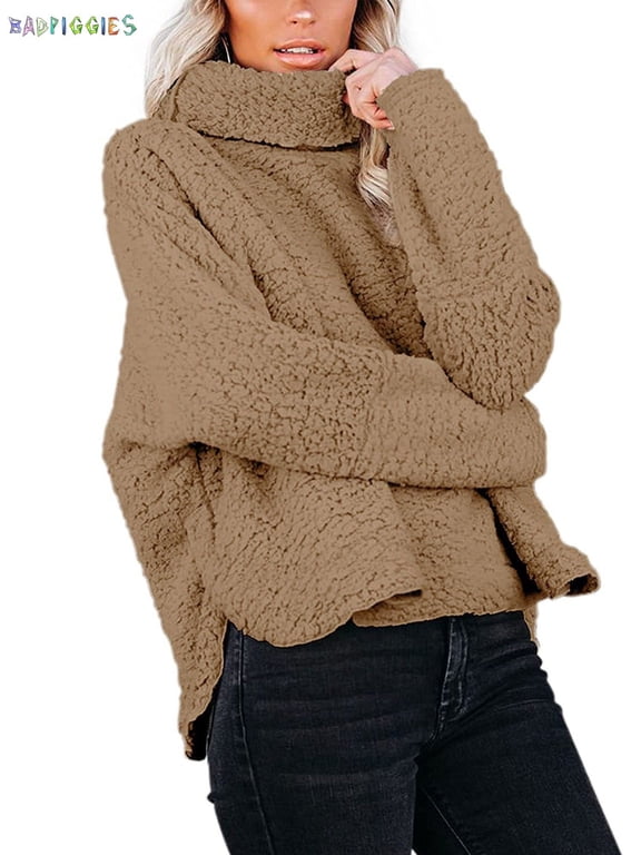 BadPiggies Women's Lapel Fuzzy Fleece Sweatshirt Casual Loose Pullover Cozy Fluffy Warm Turtleneck Jacket Coat (XL, Khaki)
