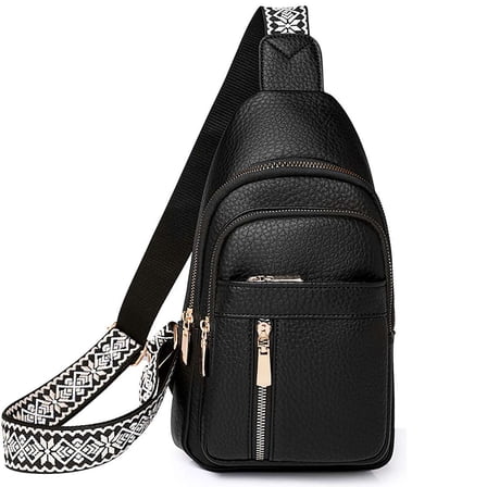 BadPiggies Women's Leather Sling Bag Travel Small Crossbody Bags Vegan Leather Fanny Pack Chest Bag (Black)