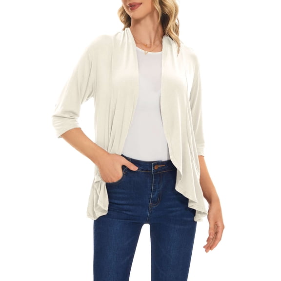BadPiggies Women's Lightweight Open Front Cardigan Casual Soft Draped 3/4 Sleeve Cardigans Sweater Top (M, Beige)
