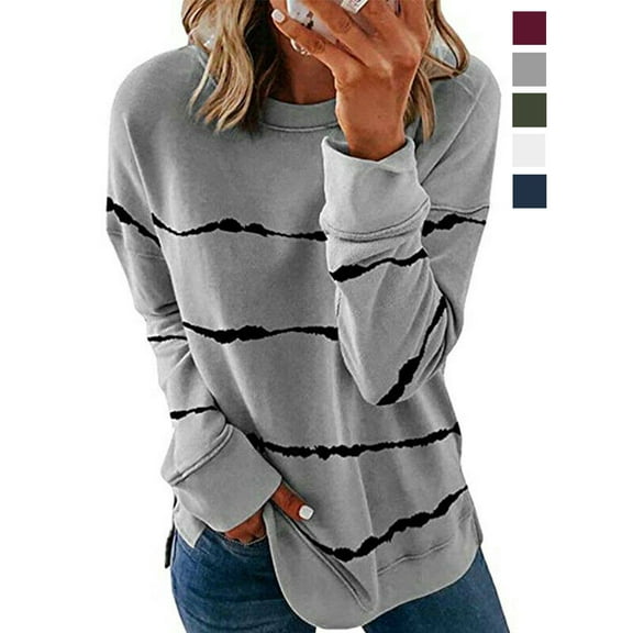 BadPiggies Women's Long Sleeve Crew Neck T Shirt Casual Striped Pullover Sweatshirt Fall Winter Blouse Loose Tunic Tops (L, Gray)