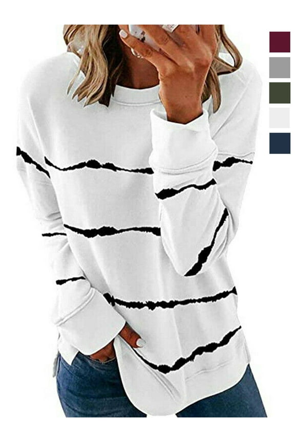 BadPiggies Women's Long Sleeve Crew Neck T Shirt Casual Striped Pullover Sweatshirt Fall Winter Blouse Loose Tunic Tops (L, White)