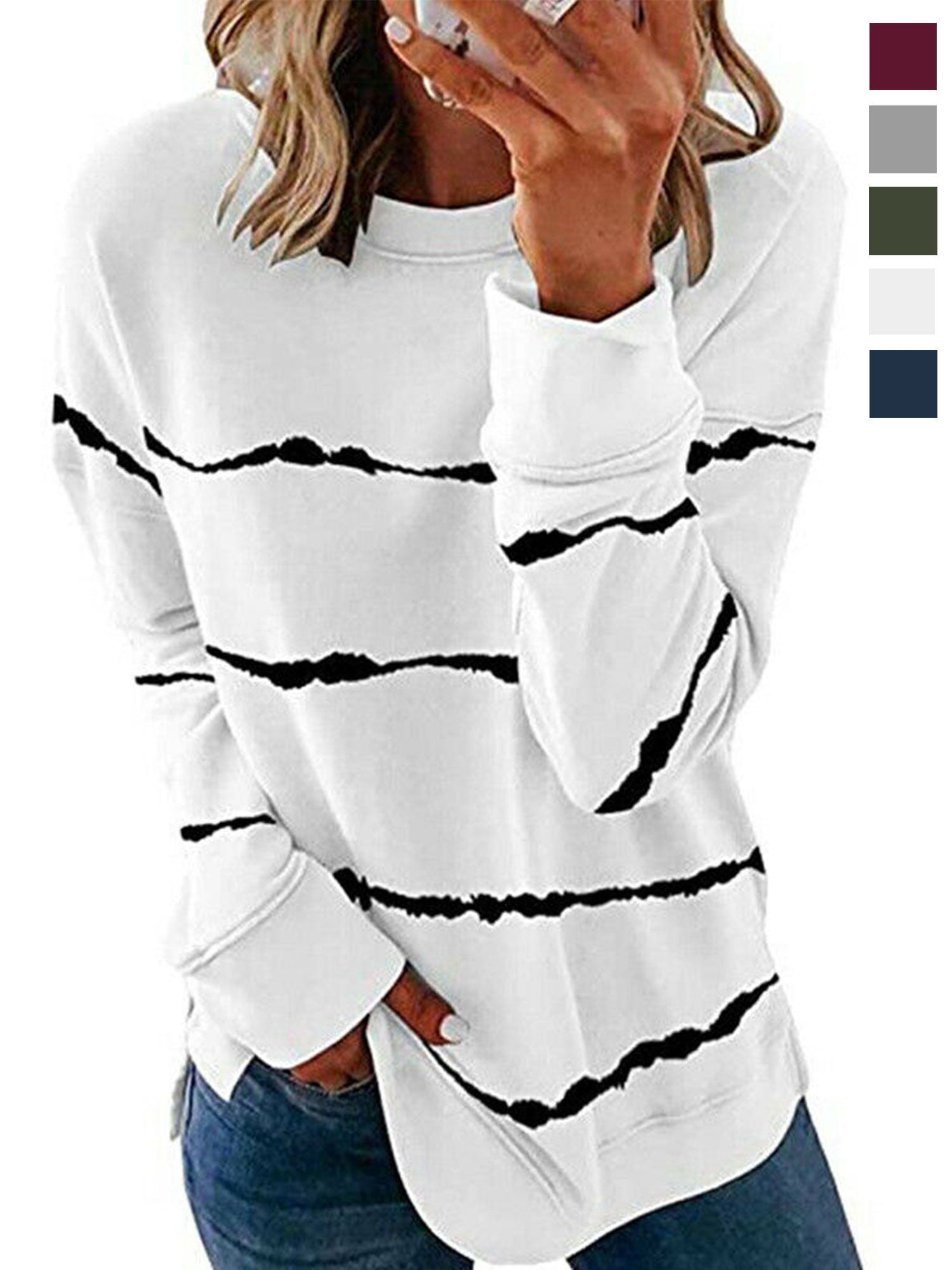BadPiggies Women's Long Sleeve Crew Neck T Shirt Casual Striped Pullover Sweatshirt Fall Winter Blouse Loose Tunic Tops (M, White)