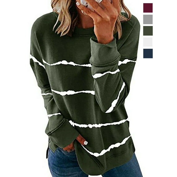 BadPiggies Women's Long Sleeve Crew Neck T Shirt Casual Striped Pullover Sweatshirt Fall Winter Blouse Loose Tunic Tops (S, Green)