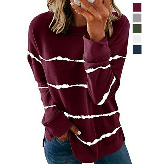 BadPiggies Women's Long Sleeve Crew Neck T Shirt Casual Striped Pullover Sweatshirt Fall Winter Blouse Loose Tunic Tops (S, Red)