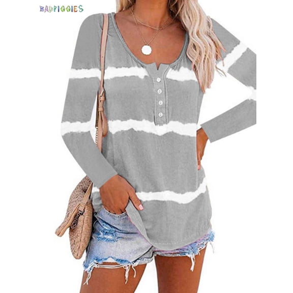 BadPiggies Women's Long Sleeve Tie Dye Print T-Shirt Round Neck Casual Button Tunic Tops Plus Size Loose Blouse (L, Gray)