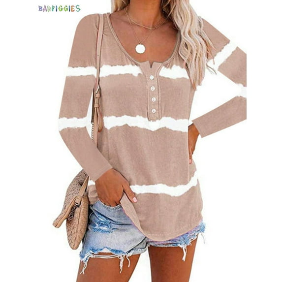 BadPiggies Women's Long Sleeve Tie Dye Print T-Shirt Round Neck Casual Button Tunic Tops Plus Size Loose Blouse (L, Khaki)