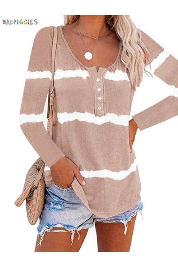 BadPiggies Women's Long Sleeve Tie Dye Print T-Shirt Round Neck Casual Button Tunic Tops Plus Size Loose Blouse (M, Khaki)