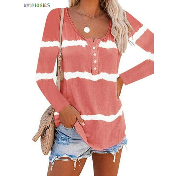 BadPiggies Women's Long Sleeve Tie Dye Print T-Shirt Round Neck Casual Button Tunic Tops Plus Size Loose Blouse (M, Red)