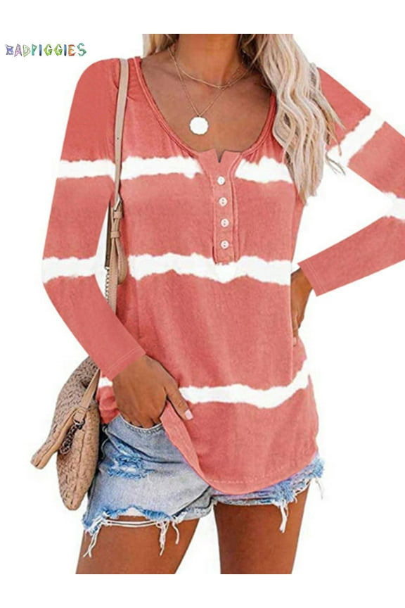 BadPiggies Women's Long Sleeve Tie Dye Print T-Shirt Round Neck Casual Button Tunic Tops Plus Size Loose Blouse (XL, Red)