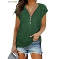 thumbnail image 1 of BadPiggies Women's Loose Fitting Zip Up Deep V Neck Short Sleeve Tops Tunic Casual T Shirts Blouse (M, Green), 1 of 3