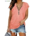 thumbnail image 1 of BadPiggies Women's Loose Fitting Zip Up Deep V Neck Short Sleeve Tops Tunic Casual T Shirts Blouse (S, Pink), 1 of 3