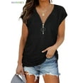 thumbnail image 1 of BadPiggies Women's Loose Fitting Zip Up Deep V Neck Short Sleeve Tops Tunic Casual T Shirts Blouse (XL, Black), 1 of 3
