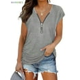 thumbnail image 1 of BadPiggies Women's Loose Fitting Zip Up Deep V Neck Short Sleeve Tops Tunic Casual T Shirts Blouse (XL, Gray), 1 of 3