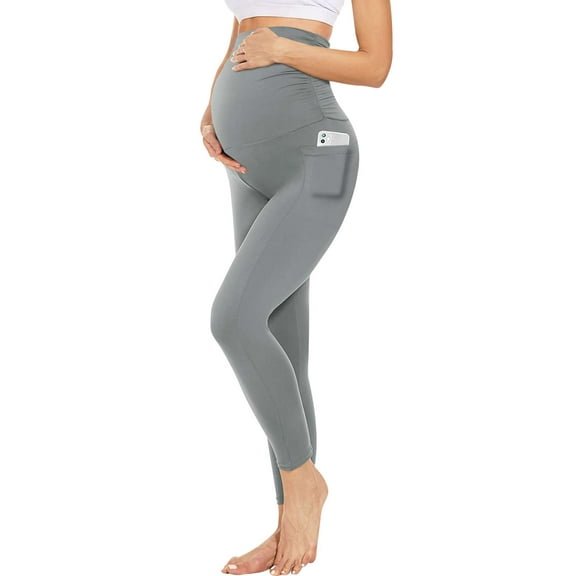BadPiggies Women's Maternity Leggings High Waisted Yoga Pants over The Belly Pregnancy Workout Activewear (L, Gray)