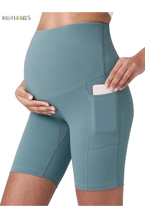 BadPiggies Women's Maternity Yoga Shorts Bike Shorts Over The Belly Bump Workout Running Active Athletic Short Pants with Pockets