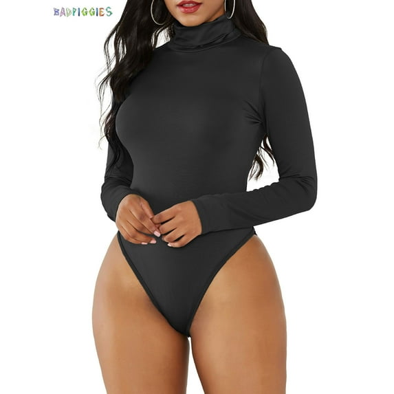 BadPiggies Women's Mock Turtleneck Bodysuit Jumpsuit Basic Long Sleeve Tops Stretchy Shapewear (L, Black)