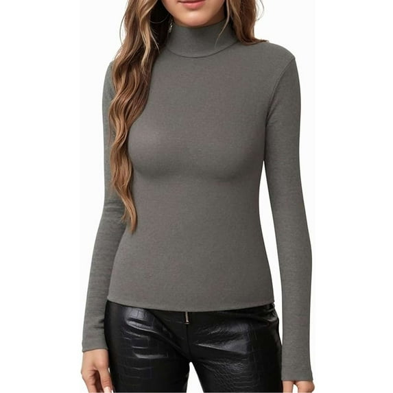 BadPiggies Women's Mock Turtleneck Long Sleeve Shirt Basic Layer Stretch Slim Fit Tops (M, Gray)
