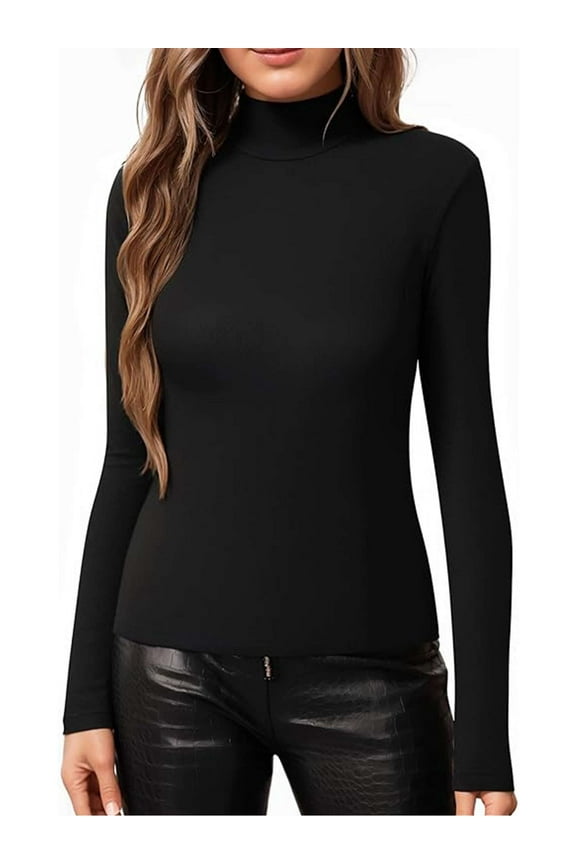 BadPiggies Women's Mock Turtleneck Long Sleeve Shirt Basic Layer Stretch Slim Fit Tops (XL, Black)