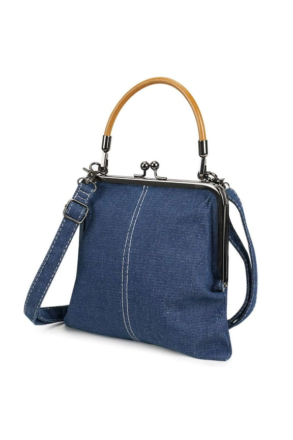BadPiggies Retro Denim Handbags for Women, Kiss Lock Crossbody Tote Bag Stylish Shoulder Purses - Navy