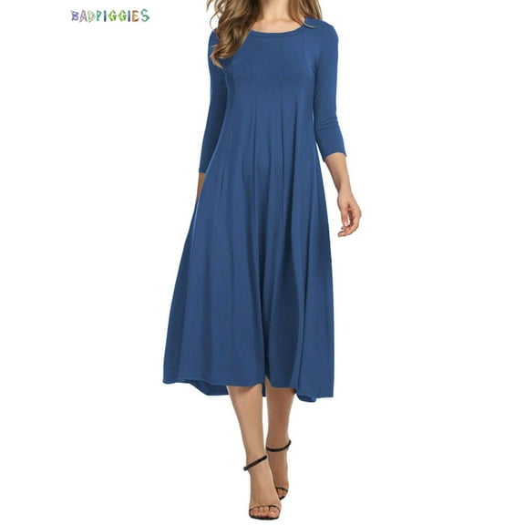 BadPiggies Women's Plus 3/4 Sleeve A-line Midi Long Dress Round Neck Loose Fit Casual Flare Dress (2XL, Navy)