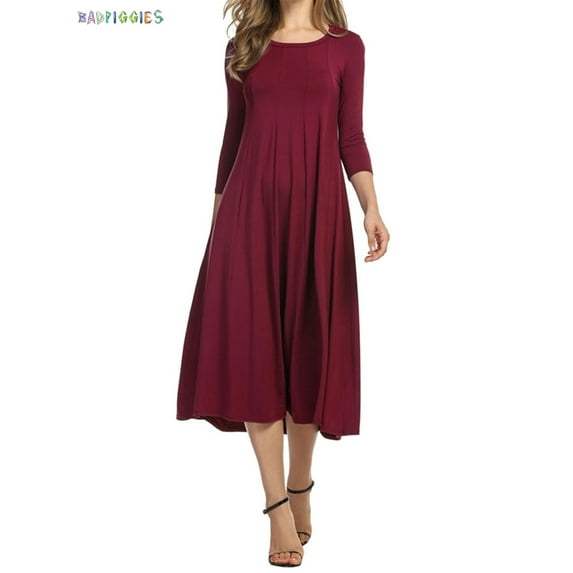 BadPiggies Women's Plus 3/4 Sleeve A-line Midi Long Dress Round Neck Loose Fit Casual Flare Dress (2XL, Red)