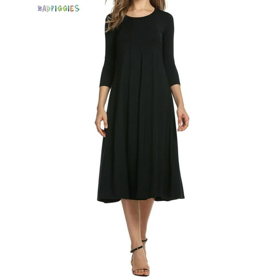 BadPiggies Women's Plus 3/4 Sleeve A-line Midi Long Dress Round Neck Loose Fit Casual Flare Dress (3XL, Black)