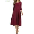 thumbnail image 1 of BadPiggies Women's Plus 3/4 Sleeve A-line Midi Long Dress Round Neck Loose Fit Casual Flare Dress (L, Red), 1 of 8
