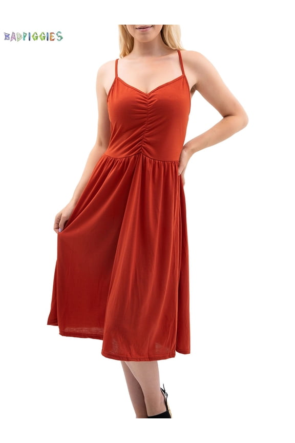 BadPiggies Women's Plus Size Midi Dress Casual Spaghetti Strap Cami Sleeveless V-neck Solid Sundress for Party Summer Beach (S, Orange)