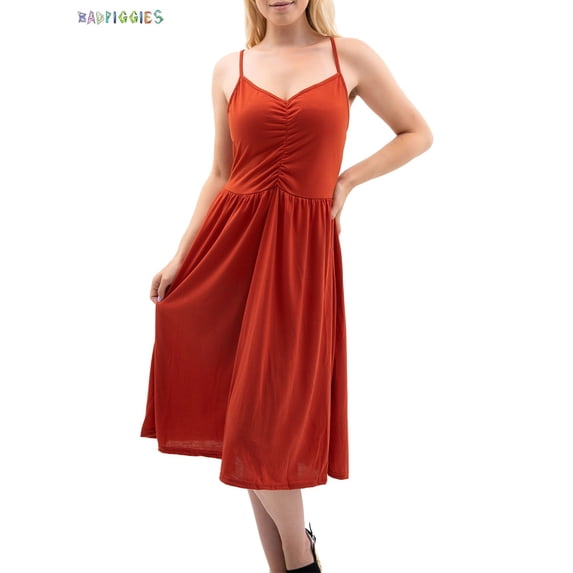 BadPiggies Women's Plus Size Midi Dress Casual Spaghetti Strap Cami Sleeveless V-neck Solid Sundress for Party Summer Beach (S, Orange)