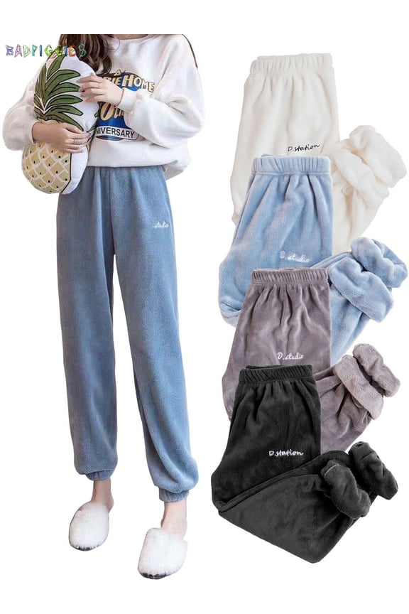 BadPiggies Women's Plush Pajama Pants Casual Fluffy Sleepwear Fleece Sleep Trousers Plus Size (White)