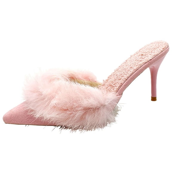BadPiggies Women's Pointed Toe Stiletto Heels Mules Fluffy Plush Slip on High Heel Sandals