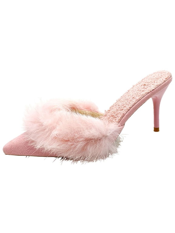 BadPiggies Women's Pointed Toe Stiletto Heels Mules Fluffy Plush Slip on High Heel Sandals