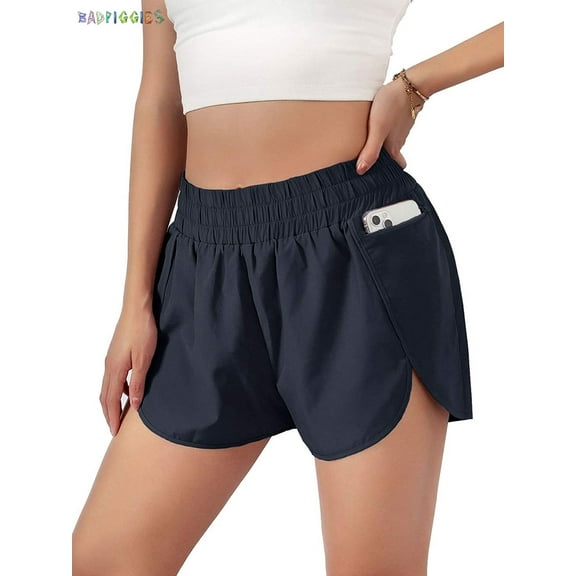 BadPiggies Women's Quick-Dry Running Shorts Elastic High Waisted Athletic Shorts Pants Sporty Workout Shorts with Zipper Pocket (L, Navy)