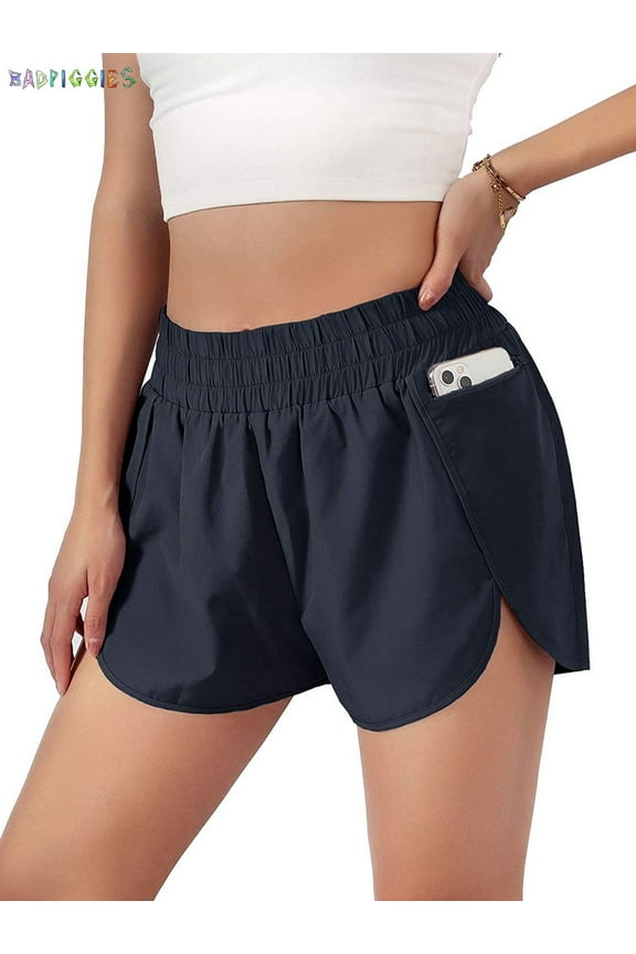 BadPiggies Women's Quick-Dry Running Shorts Elastic High Waisted Athletic Shorts Pants Sporty Workout Shorts with Zipper Pocket (L, Navy)