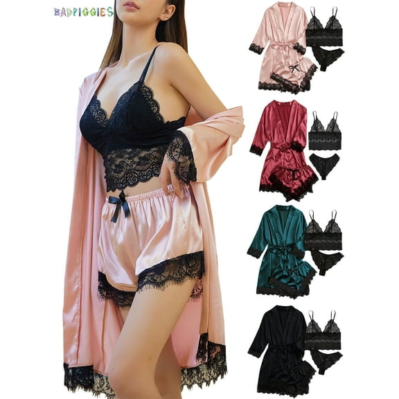 BadPiggies Women's Satin Pajama 4Pcs Set Sleepwear Floral Lace Trim Cami Lingerie Homewear Nightwear with Robe (XL, Green)