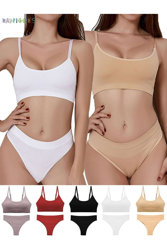 BadPiggies Women's Soft Padded Bralette Wireless Bra and Panties Set Sports Bra Underwear Suit Adjustable (L, Black)