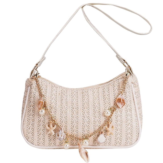 BadPiggies Women's Straw Shoulder Bag Cute Hobo Purses and Handbags Underarm Purse Clutch Totes with Shell Chain (White)
