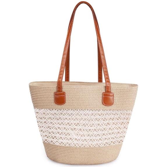 BadPiggies Women's Straw Shoulder Bag Large Rattan Woven Totes Handmade Summer Beach Handbag Top Handle Purse - White