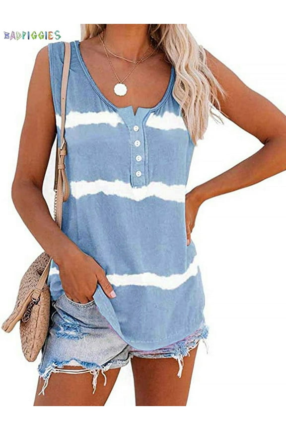 BadPiggies Women's Summer Boho Tie Dye Sleeveless Tank Tops Button Blouse Loose Casual Striped Vest T-shirt Plus Size (XL, Blue)