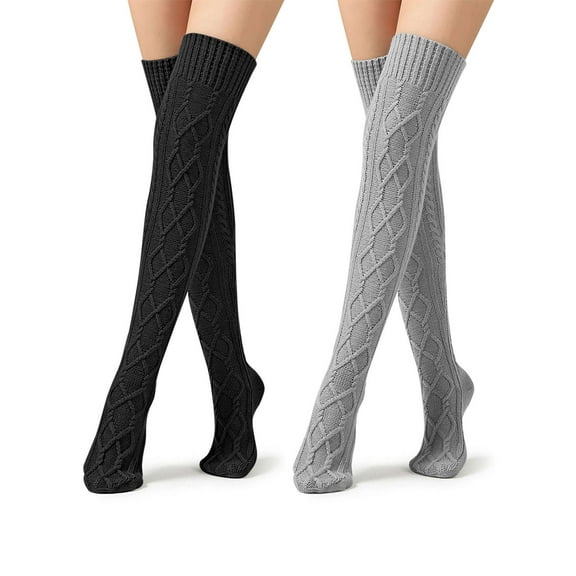 BadPiggies Women's Thigh High Socks Cable Knit Over the Knee Boot Socks Long Winter Warm Fashion Leg Warmers - Black&Gray