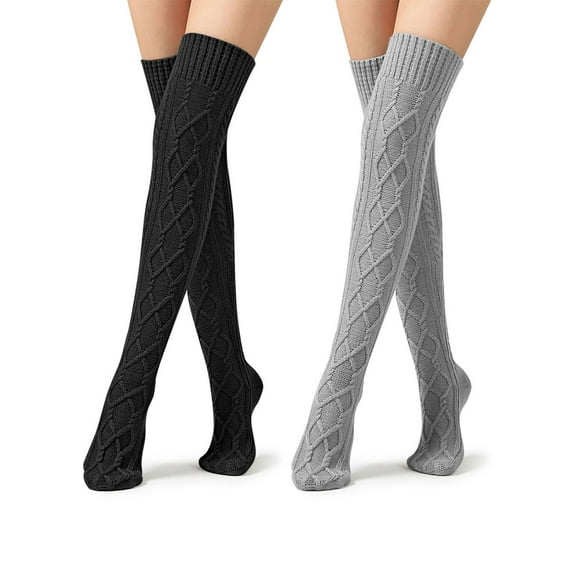 BadPiggies Women's Thigh High Socks Cable Knit Over the Knee Boot Socks Long Winter Warm Fashion Leg Warmers - Black&Gray