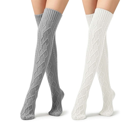 BadPiggies Women's Thigh High Socks Cable Knit Over the Knee Boot Socks Long Winter Warm Fashion Leg Warmers - Gray&White