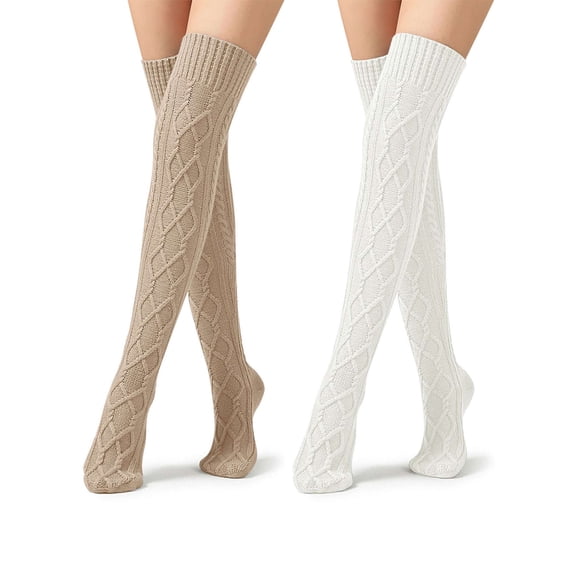 BadPiggies Women's Thigh High Socks Cable Knit Over the Knee Boot Socks Long Winter Warm Fashion Leg Warmers - Khaki&White